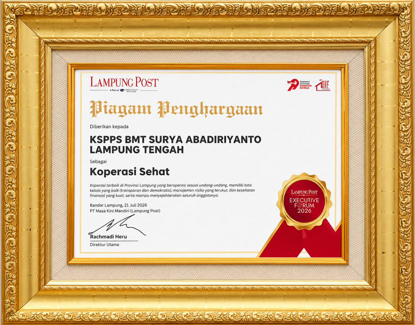 KSPPS BMT Surya Abadi Riyanto Raih Penghargaan "Koperasi Sehat" pada Lampung Post Executive Forum 2026